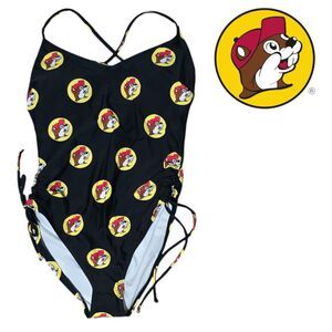 Buc-ee's Black Yellow Red Logo One Piece Swimsuit Size Large NWT